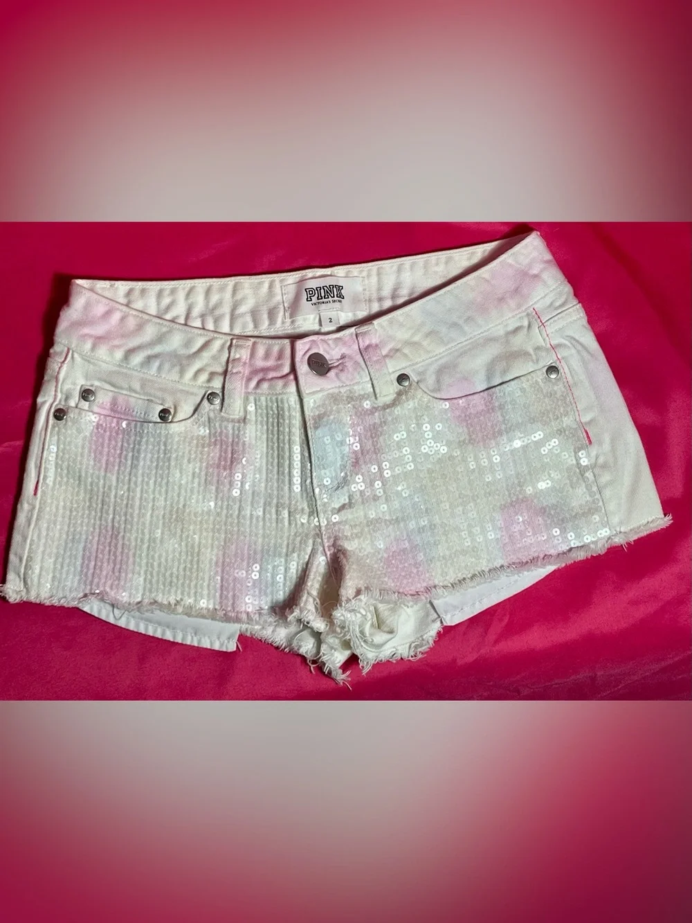 PINK Victoria's Secret White and Pink Sequin Tie-Dye Denim Shorts